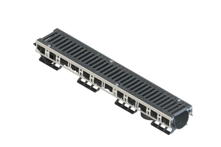 Лоток водоотводный PolyMax Drive DN100 h136 пластиковый с решеткой щелевой чугунной ВЧ кл.С (комплект)