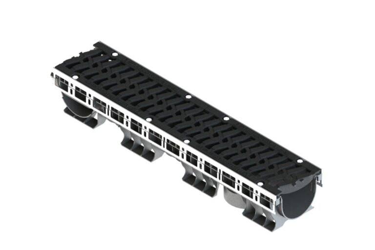 Лоток водоотводный пластиковый PolyMax Drive DN150 h166 с решеткой чугунной «шина» ВЧ кл.Е600 (к-т)