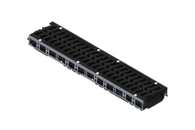 Лоток водоотводный пластиковый PolyMax Drive DN150 h96 с решеткой чугунной «шина» ВЧ кл.Е600 (к-т)