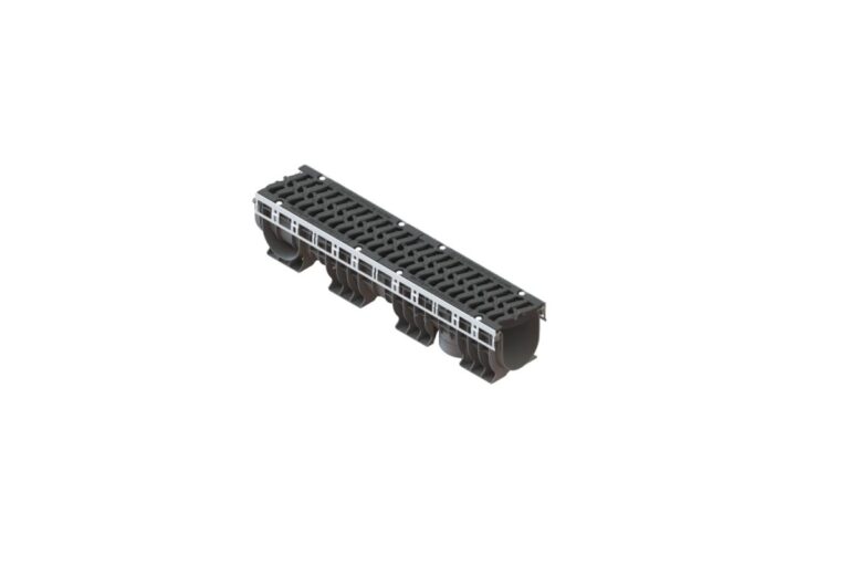 Лоток водоотводный пластиковый PolyMax Drive DN150 h216 с решеткой чугунной «шина» ВЧ кл.Е600 (к-т)
