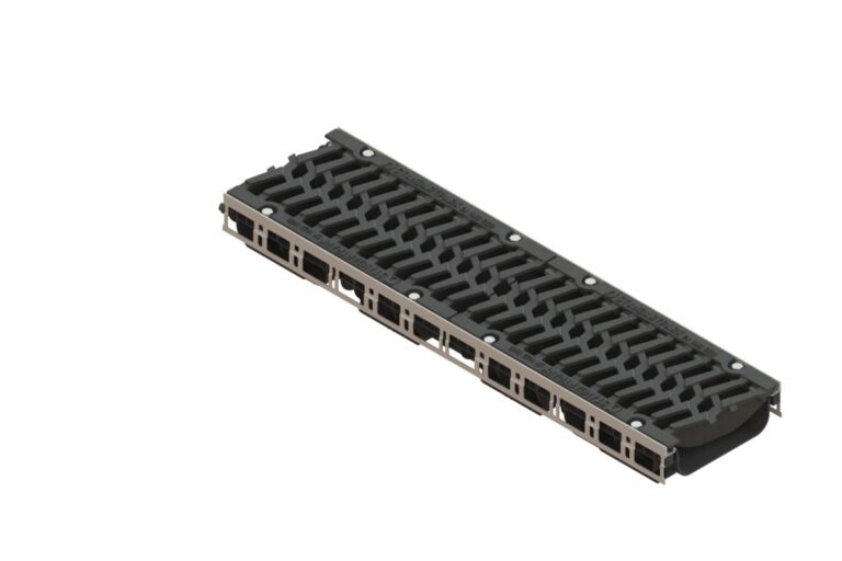 Лоток водоотводный пластиковый PolyMax Drive DN200 h97 с решеткой чугунной «шина» ВЧ кл. Е600 (к-т)