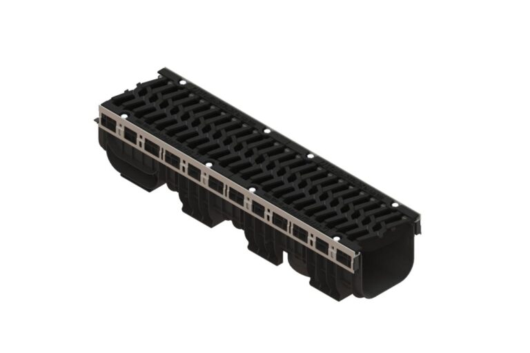 Лоток водоотводный пластиковый PolyMax Drive DN200 h217 с решеткой чугунной «шина» ВЧ кл. Е600 (к-т)