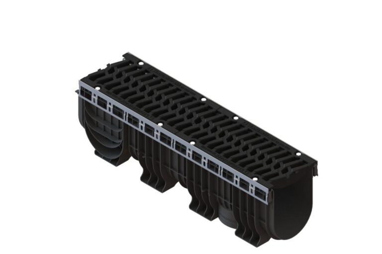 Лоток водоотводный пластиковый PolyMax Drive DN200 h317с решеткой чугунной «шина» ВЧ кл. Е600 (к-т)