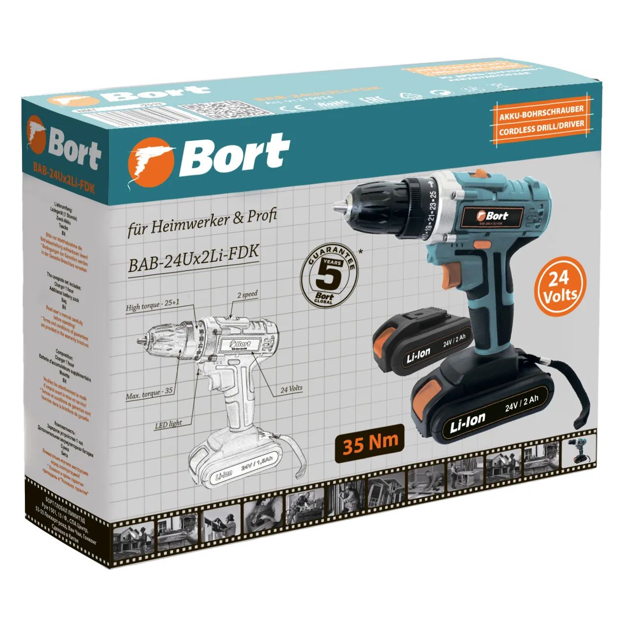 Дрель-шуруповерт аккумуляторная BORT BAB-24Ux2Li-FDK (2x2,0А.ч) — изображение 7