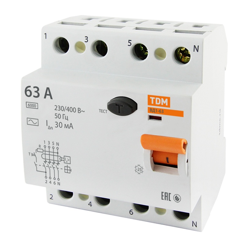 Устройство защитного отключения TDM ВД1-63, 63А, 30мА, тип АС, 4П — изображение 2