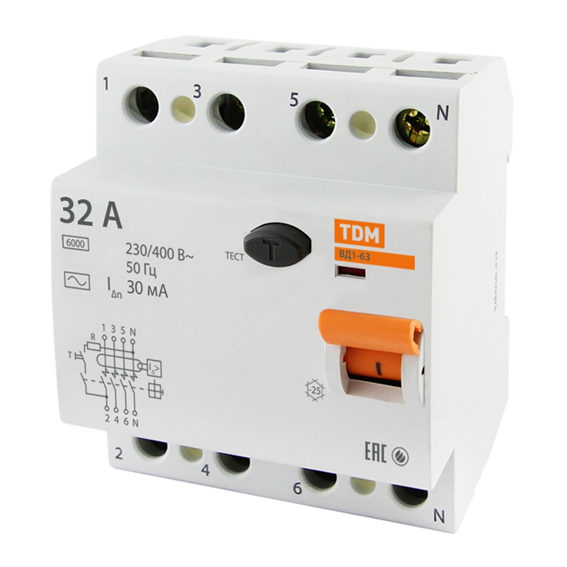 Устройство защитного отключения TDM ВД1-63, 32А, 30мА, тип АС, 4П — изображение 2