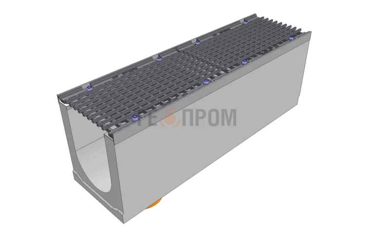 Лоток водоотводный бетонный Super DN200 h=310 с решеткой чугунной ВЧ (комплект) кл. D400 с вертикальным водосливом