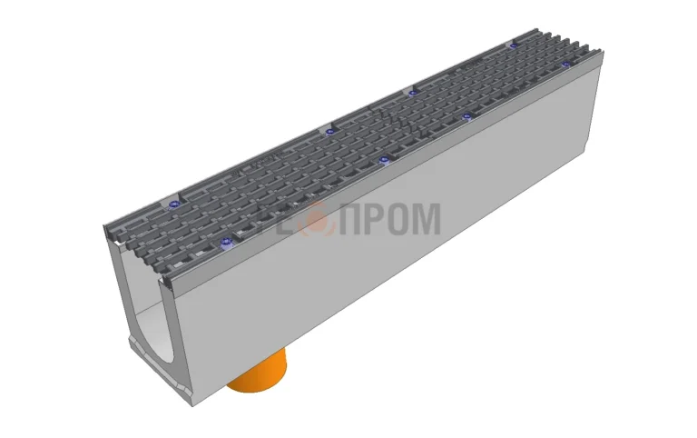 Лоток водоотводный бетонный Super DN100 h=210 с решеткой чугунной ВЧ (комплект) кл. Е600 с вертикальным водосливом