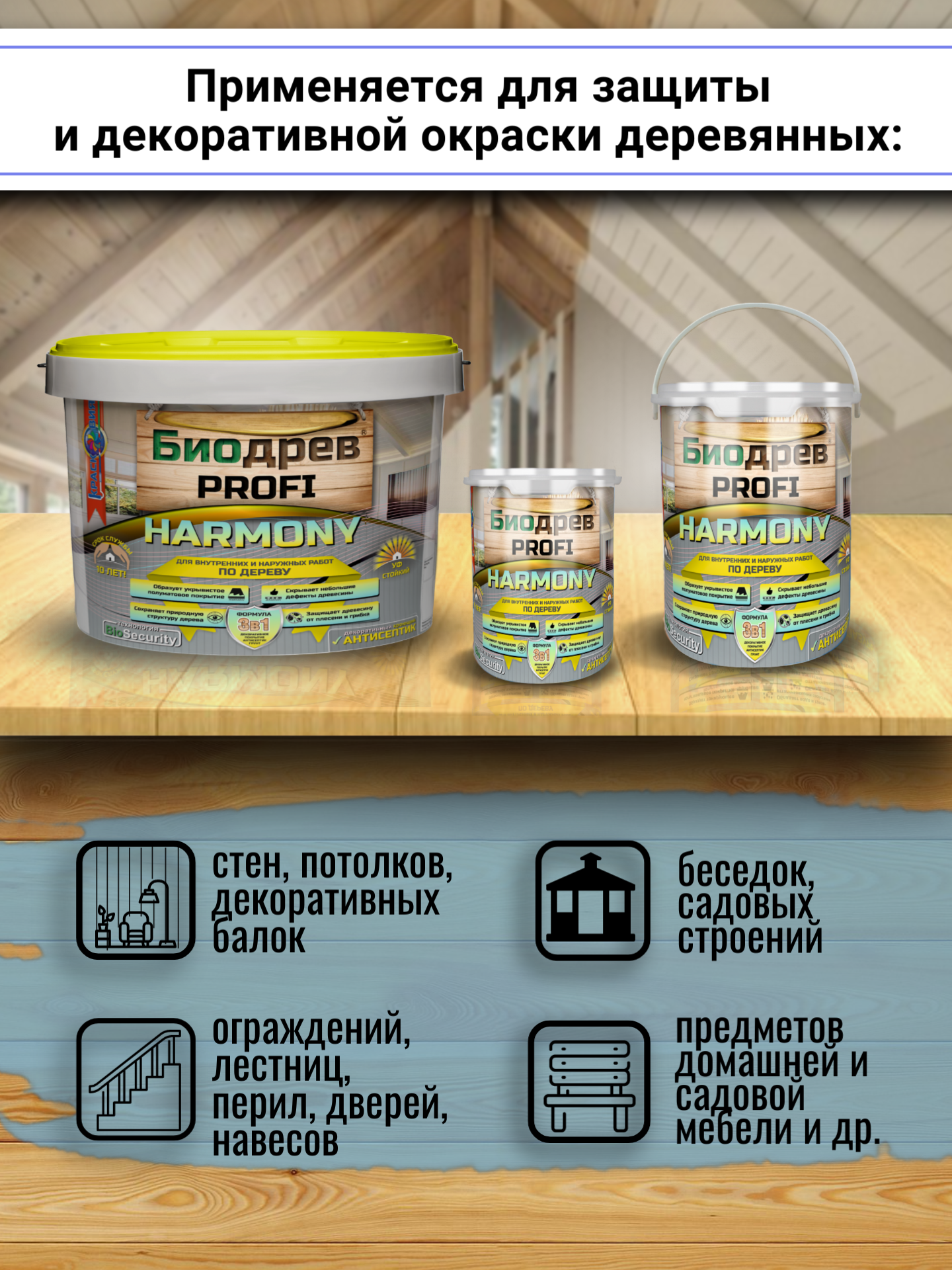 Биодрев PROFI «HARMONY 3в1» (кроющий антисептик с защитой от плесени и грибка) — изображение 4