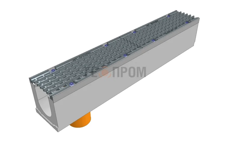 Лоток водоотводный бетонный Super DN100 h=165 с решеткой чугунной ВЧ (комплект) кл. Е600 с вертикальным водосливом