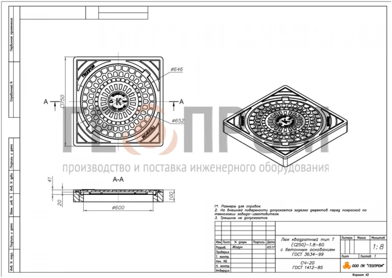 Люк квадратный тип ТМР (С 250) 750*750 с забетонированным корпусом Арбат — изображение 2