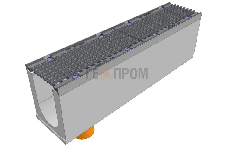 Лоток водоотводный бетонный Super DN150 h=275 с решеткой чугунной ВЧ (комплект) кл. Е600 с вертикальным водосливом