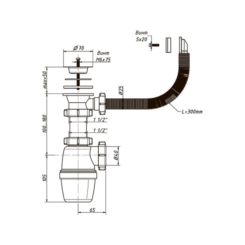 Сифон бутылочный Orio А-4004, 1 1/2"х40мм, решетка d=70мм, с переливом — изображение 3