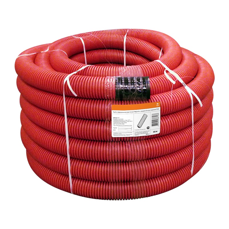 Труба ПНД двухстенная SN26 с зондом, d=50 мм, красная с муфтой (бухта 50 п.м.)
