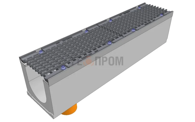 Лоток водоотводный бетонный Super DN150 h=210 с решеткой чугунной ВЧ (комплект) кл. Е600 с вертикальным водосливом