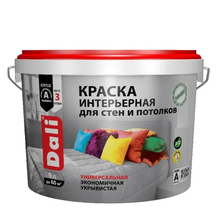 DALI Краска интерьерная для стен и потолков База А (белый)ведро 9 л