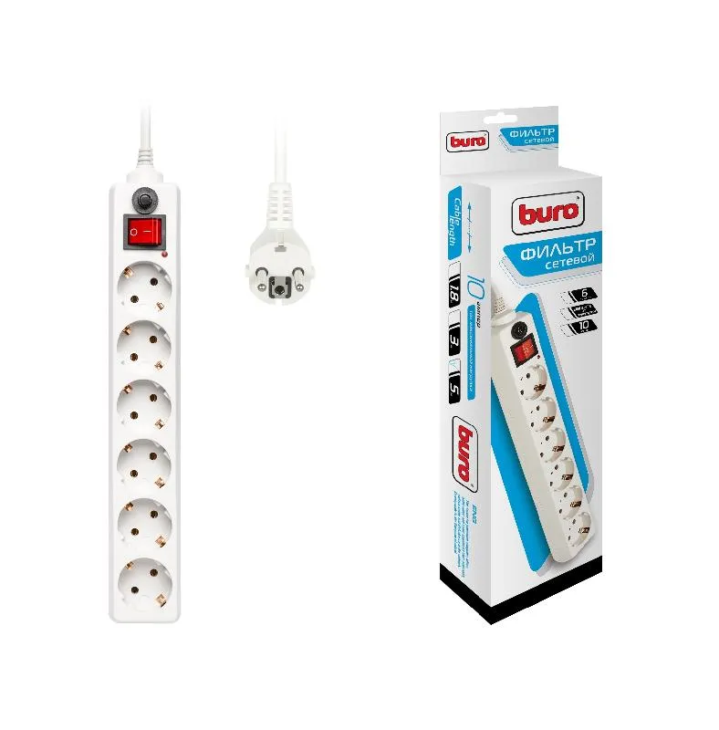Удлинитель с сетевым фильтром 6х3м с заземл. 10А CCA 3х0.75 600SH-3-W бел. BURO 992266