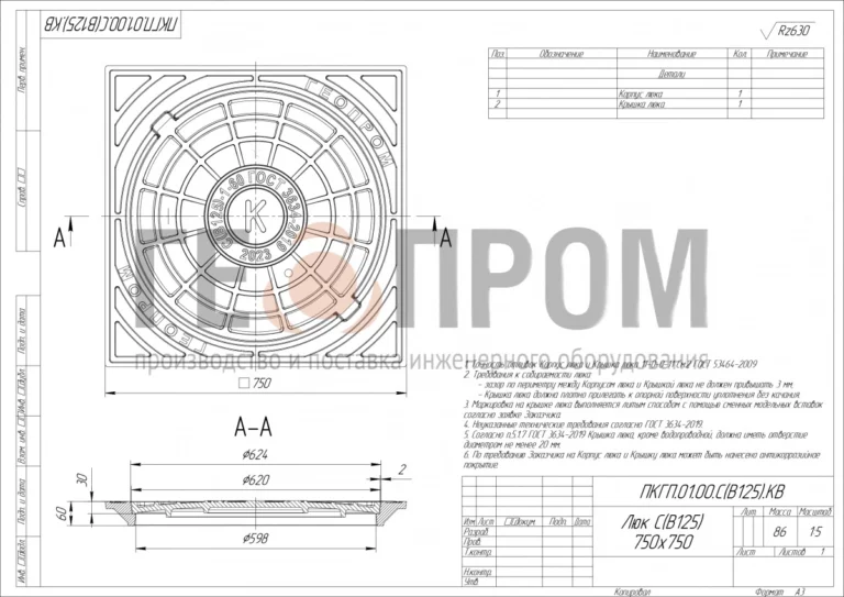 Люк квадратный тип С(В125)-8-60 750*750 — изображение 3