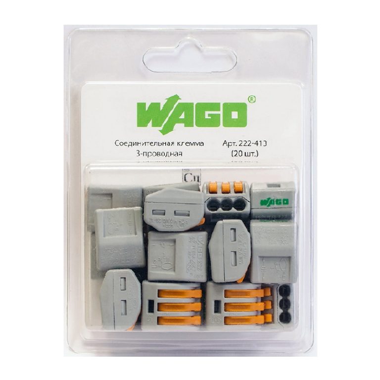 Клемма с рычажком WAGO 222-413 без пасты, 3 провода 0,08-2,5 мм2 (20 шт.)